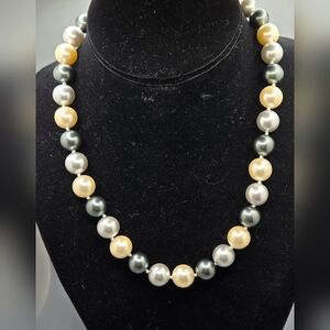 Glass Faux Pearl Necklace in Shades Of Cream Silver & Dk Grey Knotted 17" Long